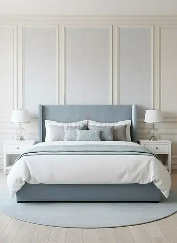 Light blue upholstered bed frame with headboard