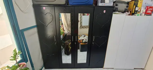 Black 4-Door Wardrobe with Mirrors and Heart Detail