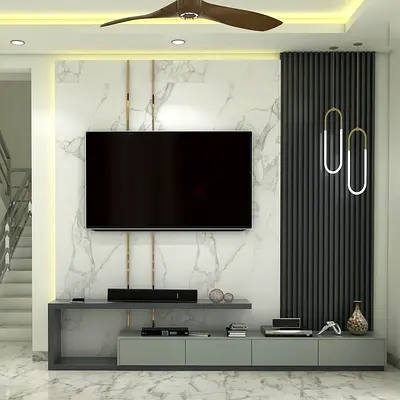 Modern TV entertainment unit with marble back panel and storage