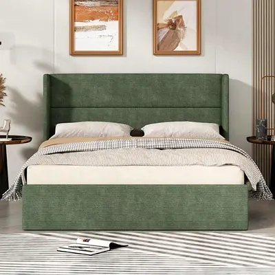 Green upholstered  bed with headboard