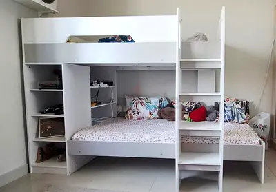 White bunk bed with built-in shelves and ladder - very good condition