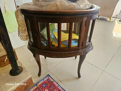 Round vintage wooden glass display cabinet - good condition