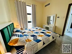 For monthly rent: Luxurious furnished one-bedroom apartment with a living room, in Ajman Corniche. I