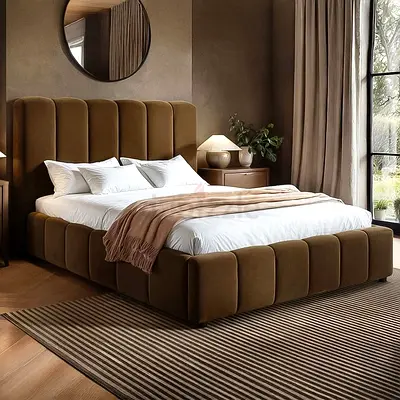 Brown upholstered bed frame with padded headboard