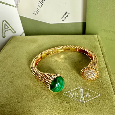 Van Cleef  Arpels Bracelet Perlee Gold cuff malachite and pavé diamond