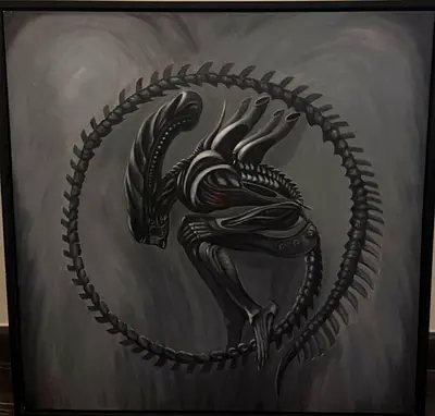 My hand-painted Xenomorph Embrace monochrome canvas painting 107x107
