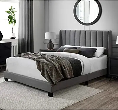 Grey upholstered bed frame with vertical channel headboard - Queen size