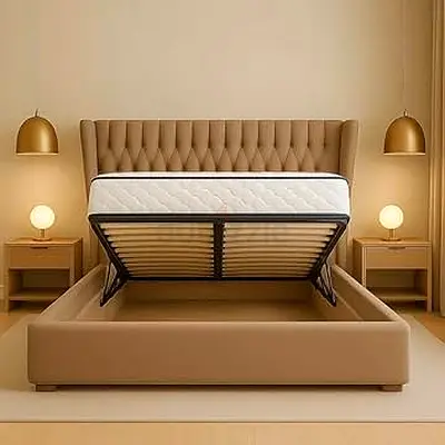 Beige Tufted Upholstered Storage Bed with Lift