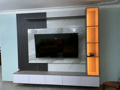 Selling modern TV entertainment unit with LED-lit display shelves