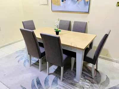 6-Seater Dining Table Set – Light Wood Top with Grey Upholstered Chairs