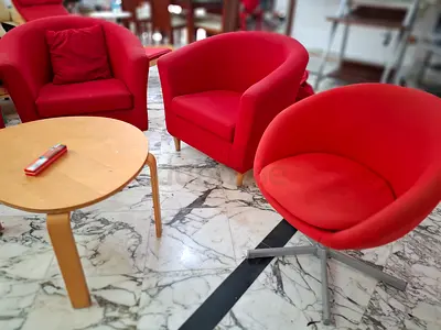 Set of 3 red lounge chairs (includes swivel accent chair)