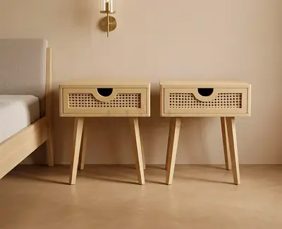 Pair of mid-century bedside tables with rattan-front drawers