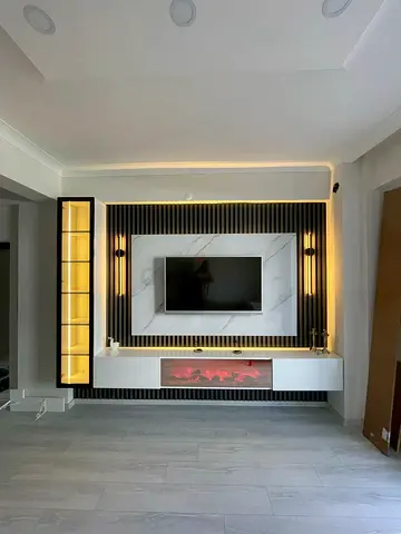 Modern wall-mounted TV unit with LED fireplace and display cabinet