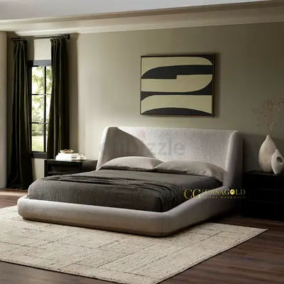 My modern low-profile upholstered bed frame with padded headboard
