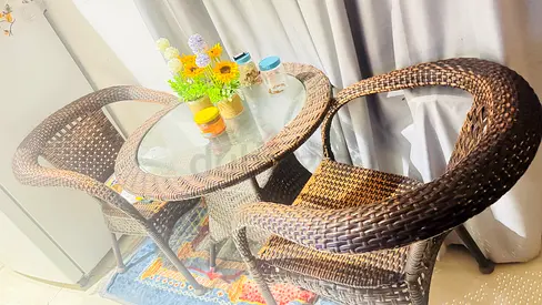 My Brown Rattan Bistro Set — Round Glass Table with 2 Chairs