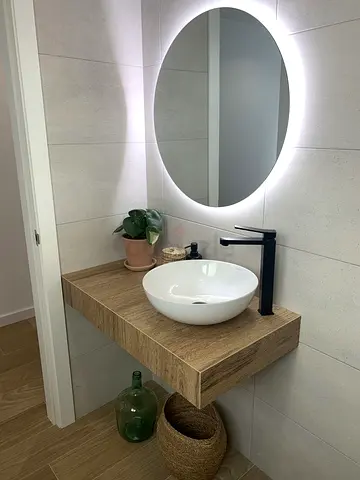 Floating wooden vanity shelf with vessel sink  LED mirror