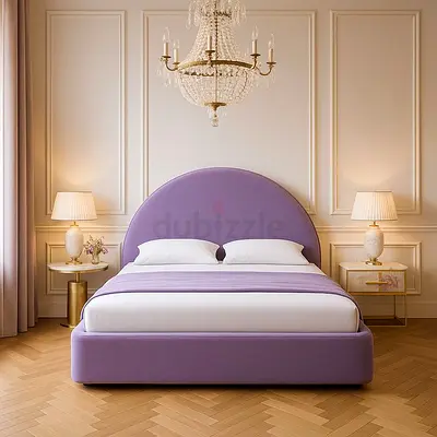 My lavender upholstered double bed with rounded headboard