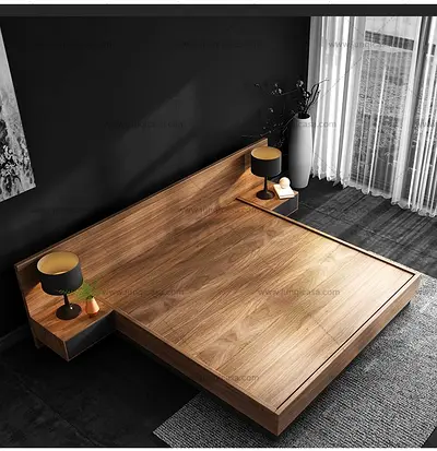Low-profile solid wood platform bed with built-in side tables