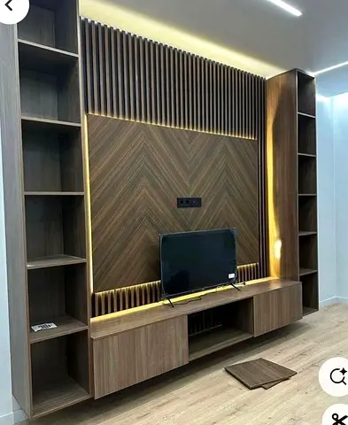 walnut TV entertainment unit with shelves  LED backlight