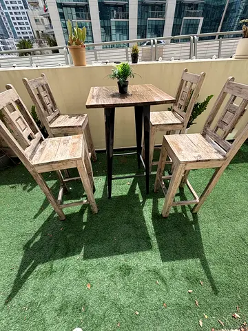 My rustic wooden bar table with 4 high chairs