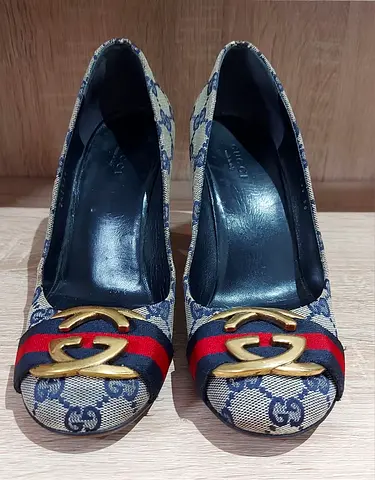 Gucci GG monogram pumps with web stripe and gold GG buckle