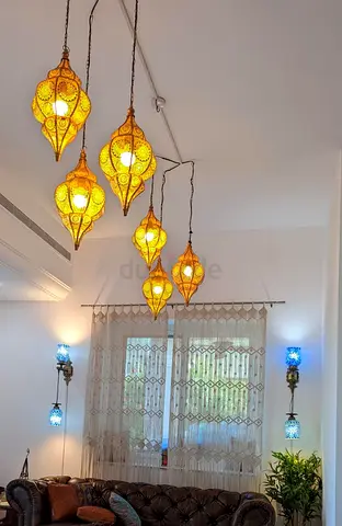 Moroccan chandeliers bundle (6 gold pendants + 4 mosaic) + 2 special curtains