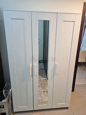 White 3-Door Wardrobe with Mirror - Good Condition