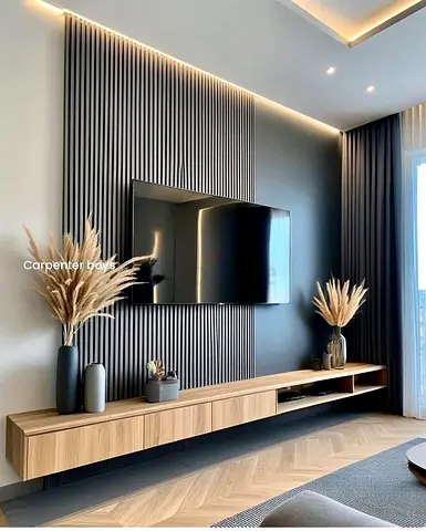 Modern floating TV unit with slatted wall panel (oak finish)