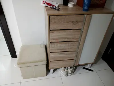 Compact light oak cabinet with 4 drawers and cupboard- Shoe Cabinet along with sitting storage