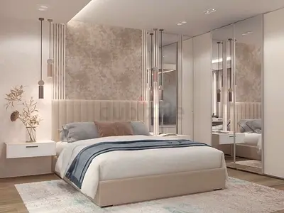 Beige upholstered bed (queen) with one year warranty