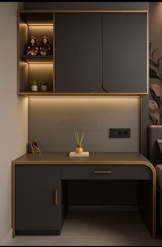 My modern grey wall-mounted study desk with overhead cabinets