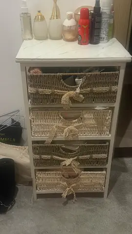 White bedside chest with 4 woven rattan drawers