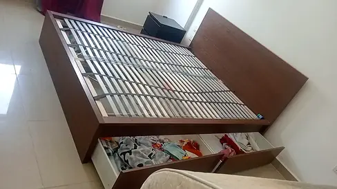My wooden bed frame with built-in underbed storage drawers