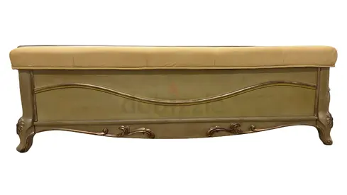 Ornate Carved Wooden Upholstered Bench - Beige with storage inside