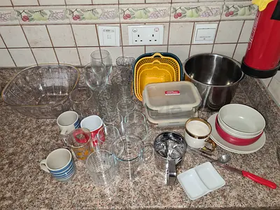 Mixed kitchenware bundle — mugs, glasses, bowls  containers