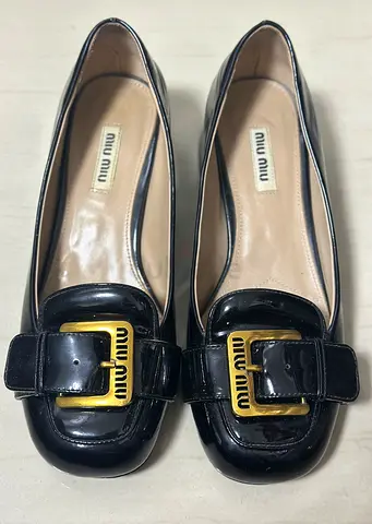 Miu Miu Black Patent Leather Buckle Flats - Preowned