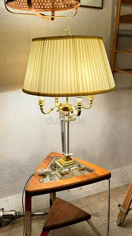 Brass and Crystal Table Lamp with Pleated Shade