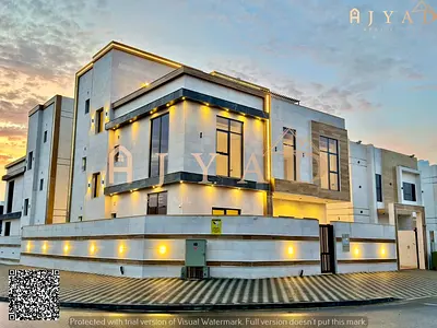 For sale: luxury villa in Al Helio Ajman, 7 master bedrooms, majlis, large living hall, land 3735 sq ft, built 4800 sq ft, includes registration fees