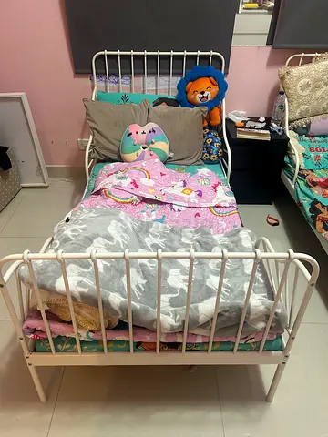 IKEA MINNEN white metal single bed frame 80x200 cm with mattress , kids bed , extendable.