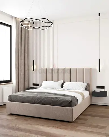 My beige upholstered platform bed with tall padded headboard