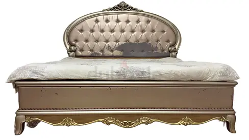 Upholstered tufted king sized table bed frame (ornate gold trim)
