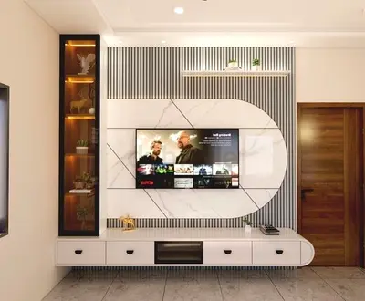 Modern wall-mounted entertainment unit with marble-look panel and LED-lit display