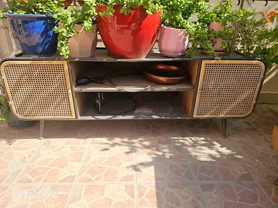 Mid-century low TV cabinet with rattan doors