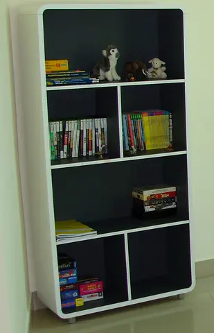 Tall white-framed grey cubby bookcase - used, good condition