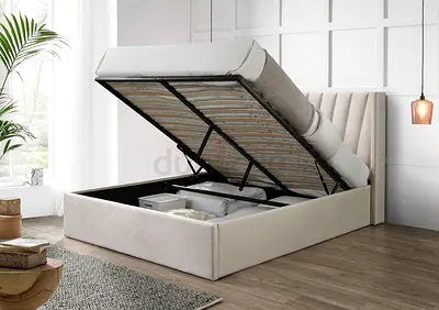 Winged sliding lines queen ottoman bed