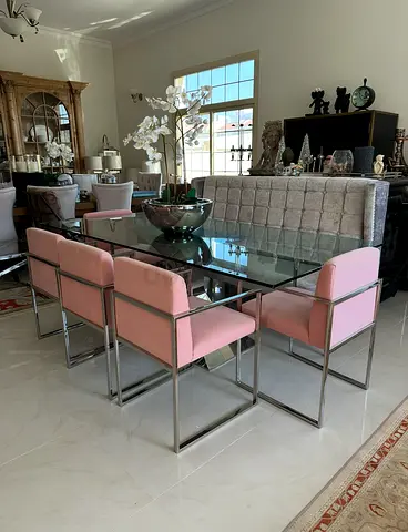 Marina Home Glass Top Dining Table with 5 x Pink Upholstered Chairs and Tufted Bench