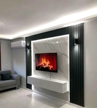 Modern TV wall unit with marble panel, LED lights  floating cabinet