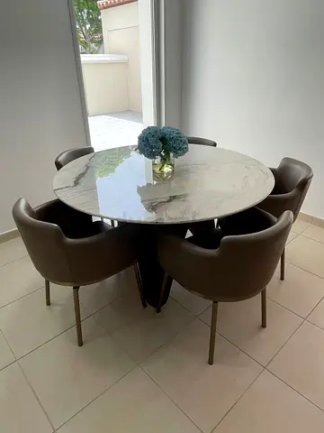 Round marble dining set with 4 upholstered chairs