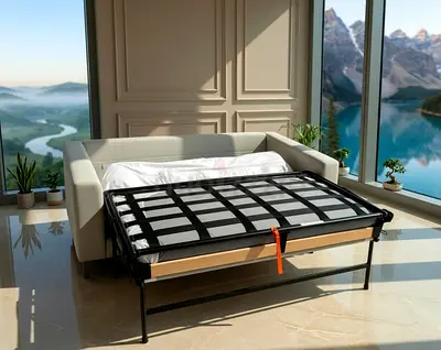 My light grey pull-out sofa bed, folds out into a guest bed