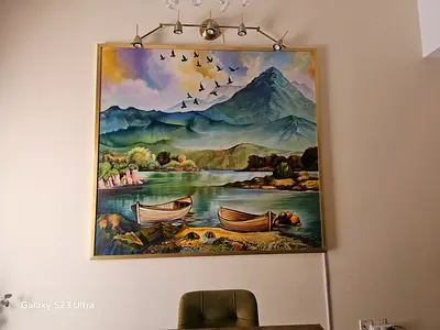 Framed landscape painting - mountain lake with boats (large)